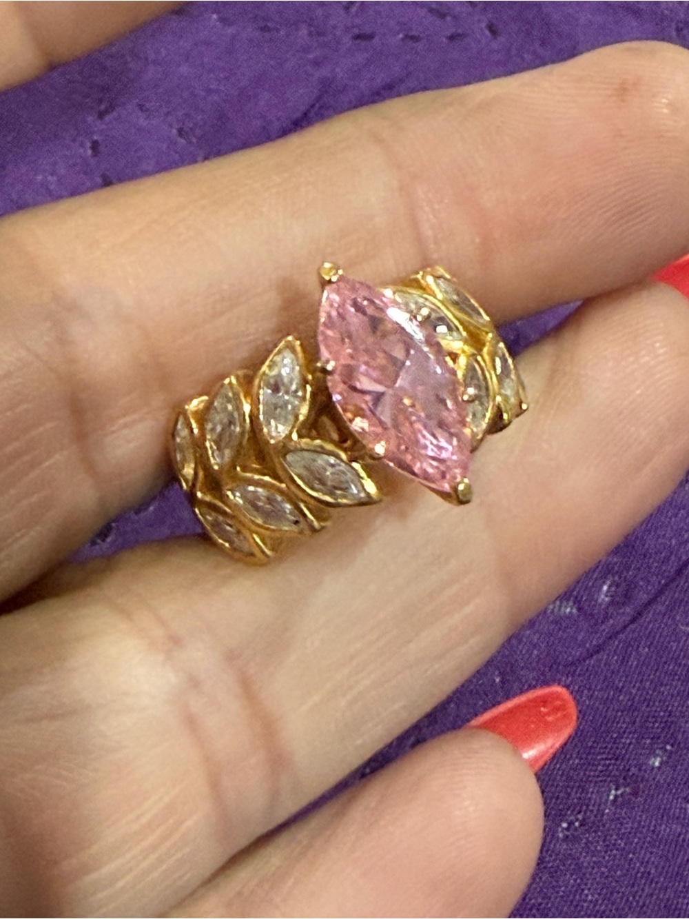 925 Sterling Silver Gold-Tone Ring Marquise Pink Center Stone and Leaf Accents